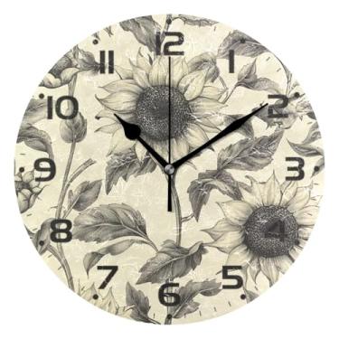 Imagem de Qilmy Relógio de parede pequeno moderno girassol 25 cm, operado por bateria, silencioso sem tique-taque, relógio analógico decorativo para escritório em casa, escola, quarto, banheiro e cozinha, fácil