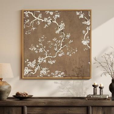 Imagem de Arte de parede quadrada botânica marrom emoldurada para decoração de quarto, arte em tela neutra floral vintage elegante para paredes, pintura de flor retrô para sala de estar, quarto, escritório