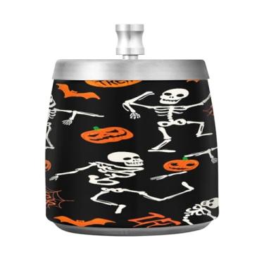 Imagem de Qilmy Cinzeiro de aço inoxidável esqueletos de Halloween com tampa - Cinzeiro de cigarro à prova de vento sem cheiro sem fumaça para casa, escritório, carro, pátio, varanda (uso interno e externo)