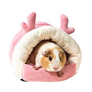 Imagem de Copfeu Cama de porquinho da índia com almofada de algodão, esconderijo de coelho, lã quente, lavável, casa de dormir de inverno para animais de estimação pequenos/furão/chinchila/coelho (rosa, médio)