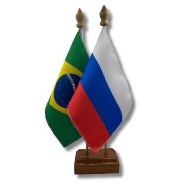 Imagem de Bandeira de Mesa Elegance Brasil e Rússia, Dupla Face, 19x13cm, Base Madeira 30cm Altura, Oxford, Decorativa para Escritório e Eventos