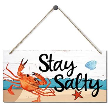 Imagem de EDCTO Decoração Com Placa "Fique Salgado", De Madeira Para Pendurar Em Casa, Arte Parede Impressa, Costeira Tema Casa Praia E Caranguejo, Oceânico