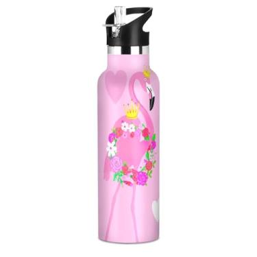 Imagem de Garrafa de água floral rosa flamingos com tampa de canudo Garrafas de água isoladas de aço inoxidável para meninas adolescentes 590 ml copo de viagem com parede dupla a vácuo sem BPA
