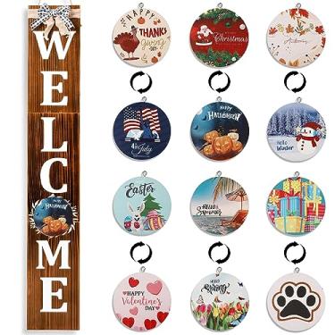 Imagem de ECOGREDA Placa de Boas-Vindas para Varanda Frontal - 47", Decoração de Parede de Casa Vertical Intercambiável de Madeira, em Pé e Pendurada, Decoração Interna e Externa de Fazenda, Placa de Porta de B