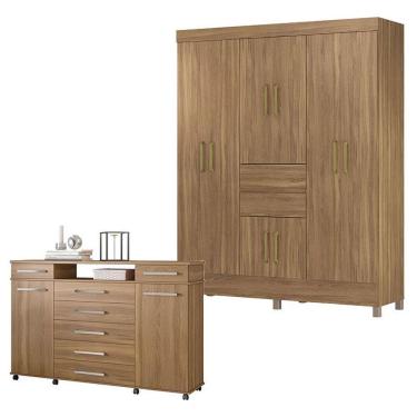 Imagem de Cômoda London e Guarda Roupa Casal Munique 8 Portas 2 Gavetas Amêndola Touch Demóbile