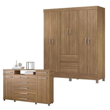 Imagem de Cômoda e Guarda Roupa Casal London Flash 2 8 Portas 9 Gavetas MDP Amêndola Touch