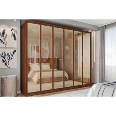 Imagem de Guarda Roupa Casal 6 Portas de Bater 4 Gavetas Vidro Reflecta Freijo MDP Caemmun