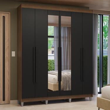 Imagem de Guarda Roupa Casal Venus 6 Portas Batentes 4 Gavetas com Espelho Rustic-Preto-Preto Madesa