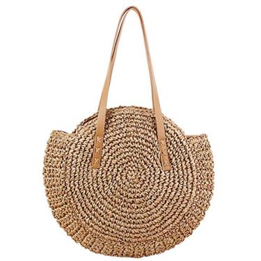Imagem de Bolsas de palha femininas feitas à mão redondas de palha de milho natural chique mão grande bolsa de praia de verão bolsa de ombro com alça de tecido, Caqui, X-Large