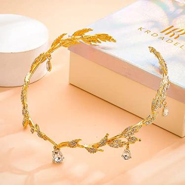 Imagem de KRDADELF Tiaras de folhas de ouro para mulheres meninas, fantasia de fada para mulheres chapéu de casamento de cristal para noiva, coroa de elfo para aniversário cosplay festa formatura acessórios de Halloween