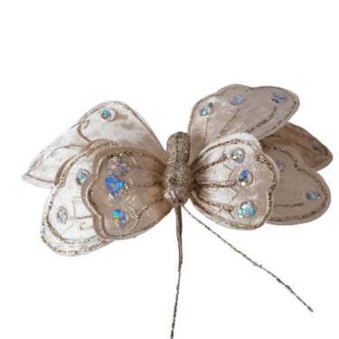 Imagem de Flor Artificial Natal Borboleta Veludo Champanhe 13m 13cm