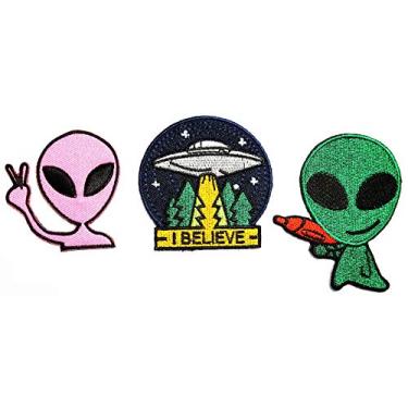 Imagem de Nipitshop – Conjunto de adesivos rosa Alien I Believe Fantasy UFO para roupas, mochilas, camiseta, jeans, saia, coletes, cachecol, chapéu, bolsa de passar a ferro, apliques bordados