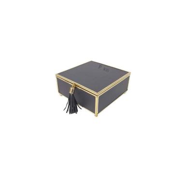 Imagem de Caixa Decorativa Quadrada de Vidro e Couro Sintético Preto e Dourado 15cm