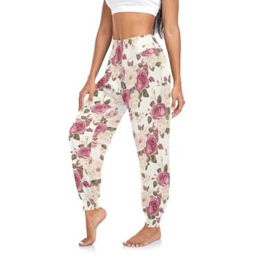 Imagem de CHIFIGNO Calça de moletom feminina de cintura alta para ioga harém calça atlética jogger calça leve, Rosas florais brancas e rosa - 1, P