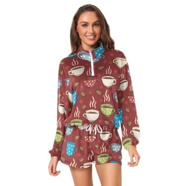 Imagem de KLL Conjunto de 2 peças pequeno com capuz atlético com capuz e xícaras de café para mulheres, Copos de Café, Small
