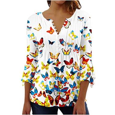 Imagem de Camisetas plissadas para jovens outono verão manga 3/4 sino gola canoa floral ajuste solto camisas longas femininas 2024, Z-839 multicolorido, XG