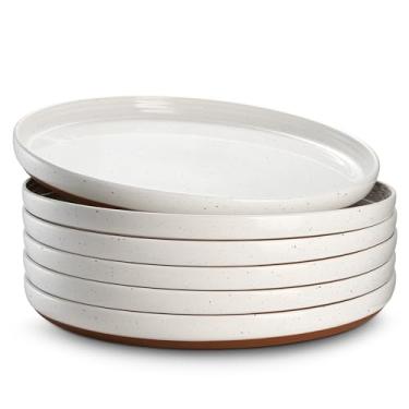 Imagem de DOWAN Conjunto de 6 pratos grandes de jantar de 26,7 cm, prato de salada de cerâmica, seguro para micro-ondas, forno e lava-louças, design branco lua, perfeito para festa, sobremesa, aperitivo de