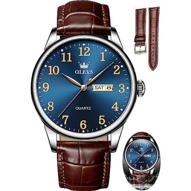 Imagem de OLEVS Relógio masculino masculino com pulseira de couro, clássico, de couro marrom, analógico, masculino, preto, à prova d'água, mostrador grande, relógio masculino, 5535-ZP-azul, relógio clássico