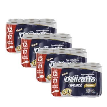 Imagem de Kit 4 Pacotes Papel Higiênico Folha Dupla Premium 30 Metros Delicatto 12 Rolos