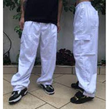 Imagem de Calça Cargo Branca Unissex Skatista c/ Bolso Calça Larga-Unissex