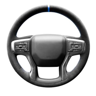 Imagem de Alfanxi Capa de volante Alcantara com costura à mão compatível com Chevrolet Chevy Silverado 1500 2019-2023 (listra azul)