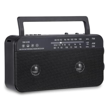 Imagem de SEMIER - Rádio portátil Am FM de onda curta com altifalante Bluetooth, 3X pilhas D ou rádio de transistor de potência CA com dois altifalantes de 6 watts, compatível com USB AUX e reprodutor de MP3 de