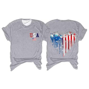 Imagem de Camiseta feminina com bandeira da América, roupa do quarto de julho, roupa do Memorial Day, camiseta patriótica feminina de manga curta, #2 - Cinza, XXG