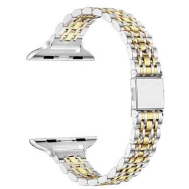 Imagem de MaKTech Pulseira de Aço Inoxidável Feminina com Sete Peças Pulseira de Metal de 14mm para Apple Watch Série 11/10/9/8/7,SE 3/2/1 [2025] (42mm/41mm/40mm,Esbelto-Prata/Ouro)