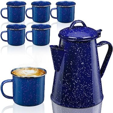 Imagem de Dandat Caldeira de café esmaltada de 1,700 g com 6 peças, caneca de café esmaltada de 340 g, copo de caubói para acampamento ao ar livre, piquenique, cabine, trailer, cozinha, caça, mochila, azul