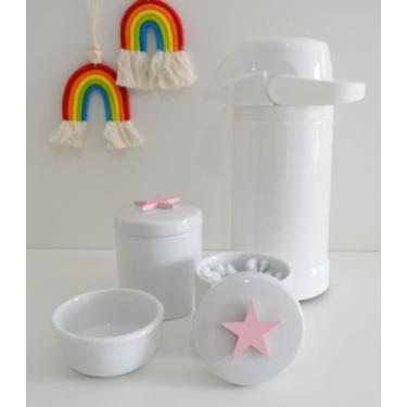 Imagem de kit Higiene Bebê Potes K022 Rosa Cotonete Algodão Limpeza Porcelana Mu