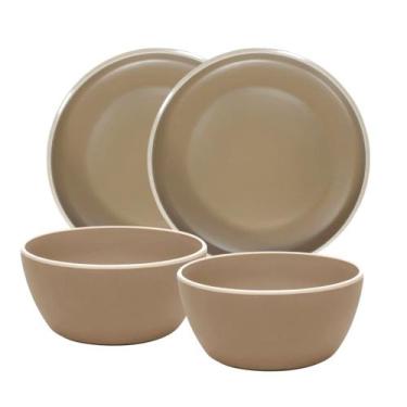 Imagem de Jogo De 2 Pratos & 2 Bowls De Melamina Bege Resistentes Decoração - Wo