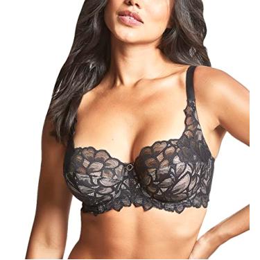 Imagem de Panache Sutiã feminino Allure Full Cup – Renda transparente com alça lateral e suporte de malha elétrica, Preto/Latte, 32GG