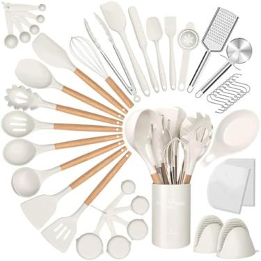 Imagem de Conjunto de utensílios de cozinha de silicone, 43 peças antiaderentes resistentes ao calor, conjunto de espátulas com cabo de madeira para assar, cozinhar e misturar, melhores utensílios de cozinha com suporte (branco)