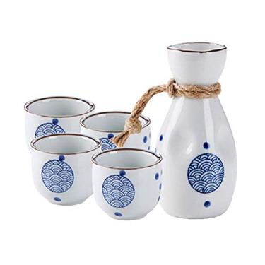 Imagem de Sizikato Conjunto de 5 peças de saquê de porcelana azul e branco inclui 1 garrafa de saquê e 4 peças de copos de saquê