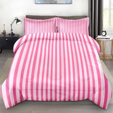 Imagem de Pamnest Conjunto de edredom casal, retrô, rosa listrado, 3 peças, roupa de cama macia para crianças e adultos, conjunto de edredom preto listrado geométrico com fronha, para decoração de cama de