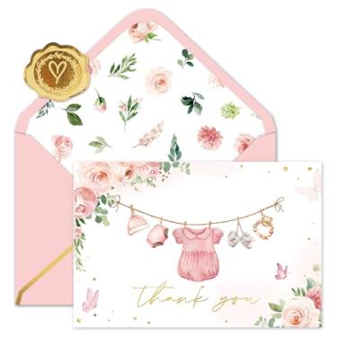Imagem de FYSUIMU Pacote com 50 cartões de agradecimento para chá de bebê, roupas florais em folha de ouro rosa, cartão de felicitações em caixa de flores, cartão de notas em branco com adesivo de envelope para