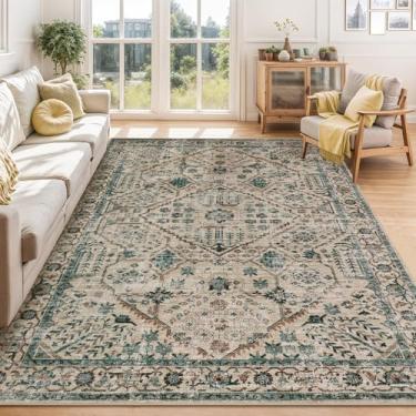 Imagem de Tapetes de área neutra 12 x 18 cm, lavável, macio, vintage, grande, para quarto, boêmio, fazenda, tapete antiderrapante para ambientes internos para sala de estar e sala de jantar (bege/azul, 1,72 x