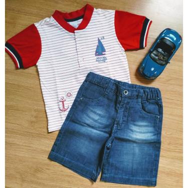 Imagem de Conjunto Menino Infantil Camiseta e Bermuda Jeans Tamanho 2 Anjos Baby 153316