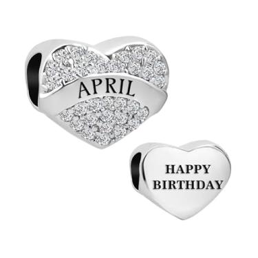 Imagem de MiiFort Pingente de coração com pedras de nascimento de zircônia cúbica transparente de abril, compatível com pulseiras Pandora Charms, aniversário abril