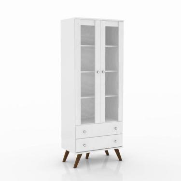Imagem de Cristaleira Retrô Branca com 2 Portas de Vidro e 2 Gavetas E