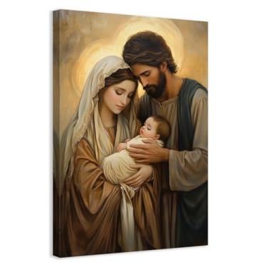 Imagem de CCWACPP Arte de parede da Sagrada Família Tela de parede católica imagens de Jesus Virgem Maria impressões de pintura para sala de estar casa igreja decoração de sala de oração emoldurada (40,6 cm x