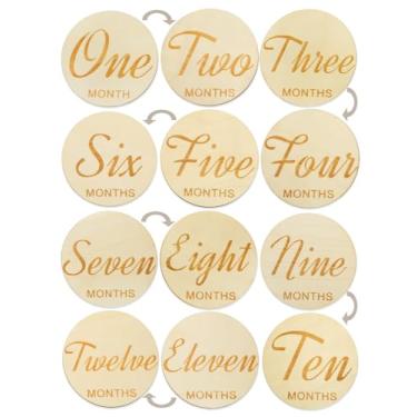 Imagem de Marcos mensais de madeira para bebês recém-nascidos, discos de anúncio de bebê de 1 a 12 meses, presentes de chá de bebê para gravidez (6 peças de fontes e animais de dupla face)