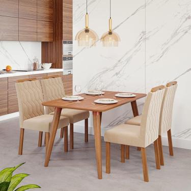 Imagem de Conjunto de Mesa Retangular com Tampo de MDF Cinamomo Adele e 4 Cadeiras Paola Suede Nude e Madeira