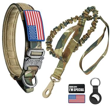 Imagem de Coleira tática para cães e coleira elástica, conjunto de coleira e coleira militar camuflada com bandeira americana dos EUA ajustável K9 com fivela e alça de metal resistente, com adesivos e estojo Airtags (M, Camuflagem)