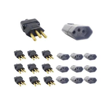 Imagem de Kit 10 Plugue Macho 3 Pinos 2P+T + Tomada Fêmea 20A Preto - Ilumi