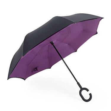 Imagem de Guarda-chuva Invertido De Dupla Camada Inovadora Multifuncional Chuva Uv Proteção Contra Vento Guarda-chuva Dobrável Reverso Para Carro Com Alça Em Forma De C, Solid Color Purple