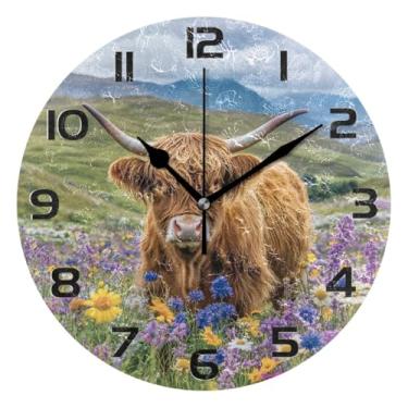 Imagem de Bolaz Relógios de parede decorativos quarto silencioso sala de estar desktop flores silvestres gado highland relógios de prateleira redondos operados por bateria 25 cm sem tique-taque