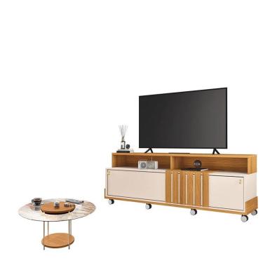 Imagem de Rack Bancada Graci 1.8 com Mesa de Centro Sky com Tampo de Vidro Off White Cinamomo - HB Móveis