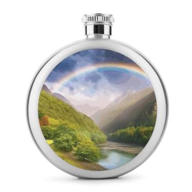 Imagem de Cantil de aço inoxidável, Mountain Valley com impressão de arco-íris, cantil, garrafa de viagem, portátil, garrafa de licor portátil