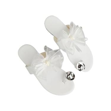 Imagem de Verdusa Sandálias femininas de tule com laço de verão, anel, sem cadarço, de couro, sandálias de flores planas, Branco, 39